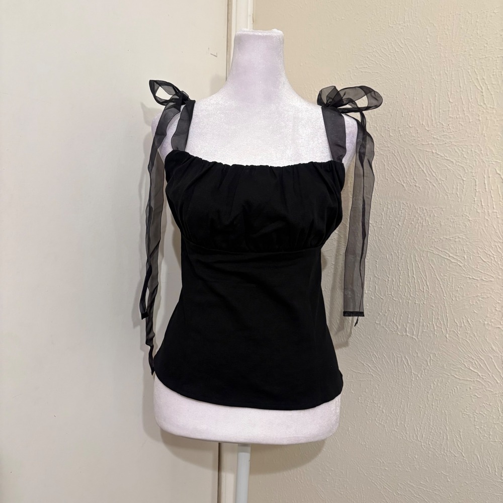 Nova Vintage Black Zipper Corset Crop Top Sheer Ribbon Tie Straps XL Goth Witchy